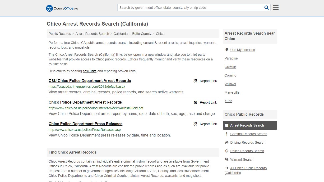 Arrest Records Search - Chico, CA (Arrests & Mugshots) - County Office